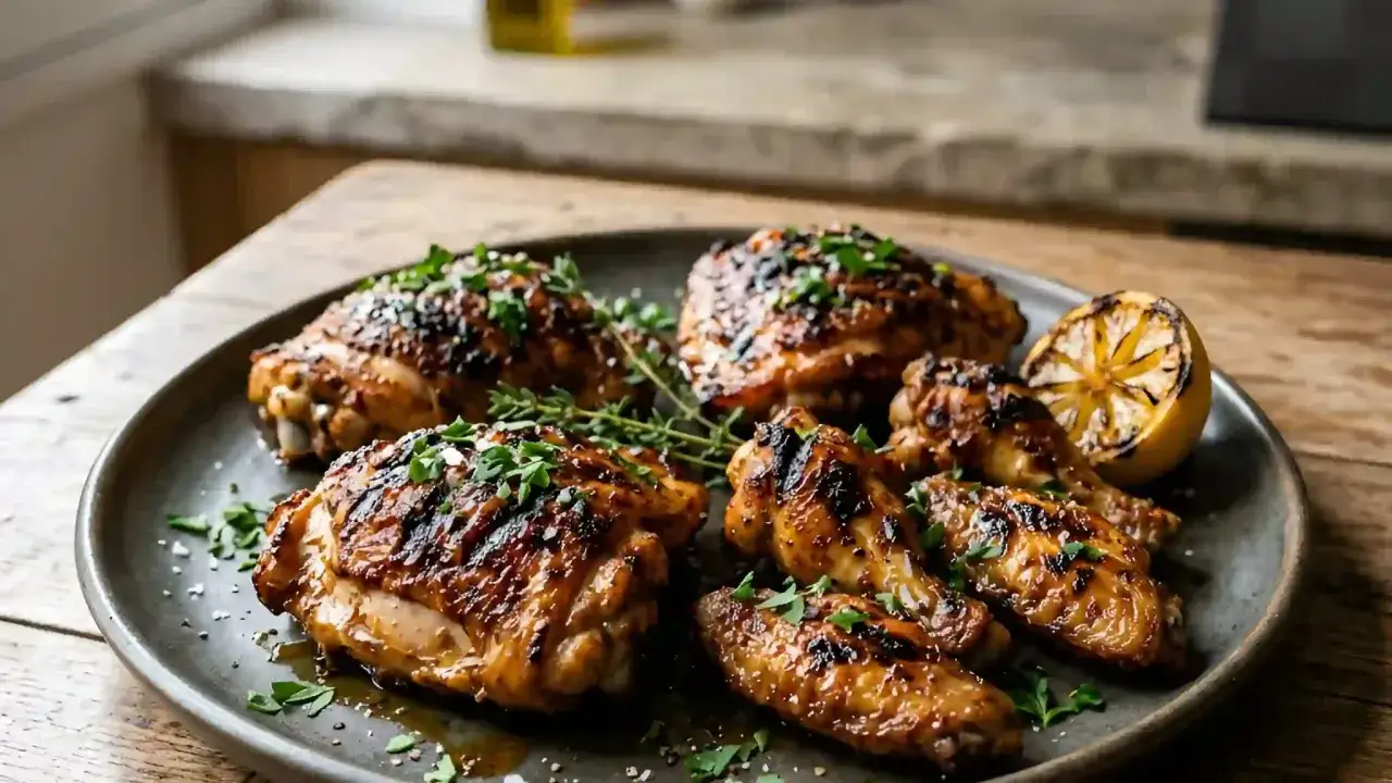 Poulet grillé savoureux, garni de persil frais et d'une tranche de citron grillée. La meilleure marinade poulet citron pour un repas parfait.