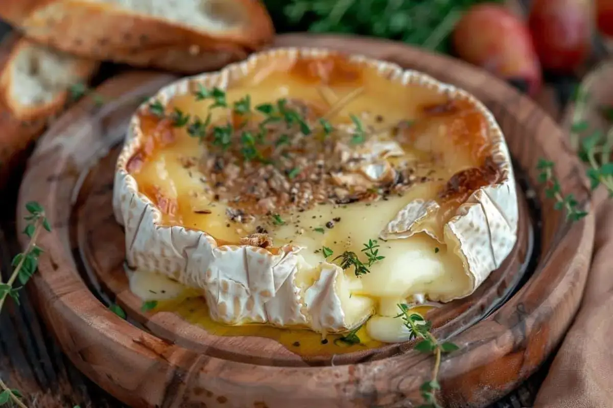 Camembert au feu de bois, fondant et dor&eacute;, garni de thym frais et servi sur un plateau en bois avec du pain croustillant.