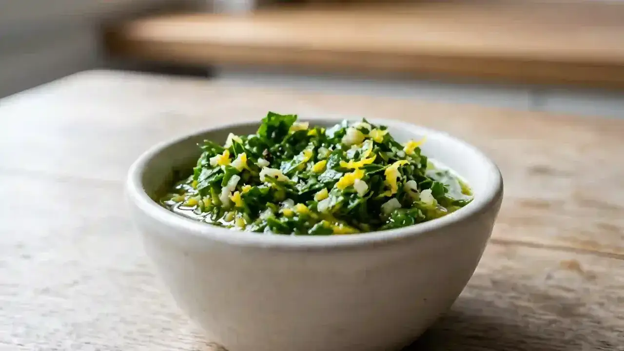 Gremolata recette : un mélange frais de persil, d'ail et de zeste de citron, prêt à relever vos plats.