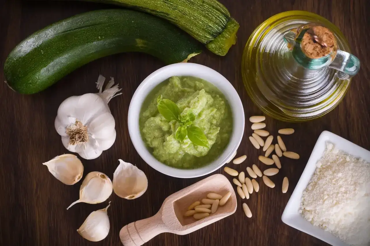 Un bol de pesto de courgettes frais, garni de basilic, entouré de courgettes, d'ail, de pignons de pin, d'huile d'olive et de parmesan râpé.