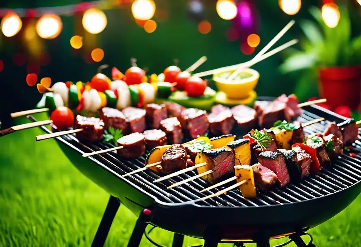 Brochettes de bœuf et légumes sur un grill, parfumées d'un mélange 4 épices. Lumières festives en arrière-plan.