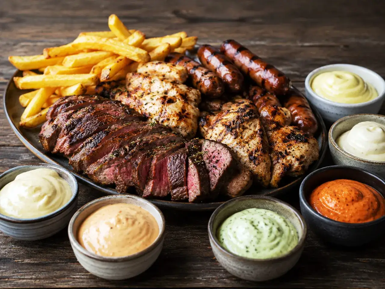 Assiette de viandes grillées, frites et plusieurs sauces, dont une mayonnaise crémeuse.