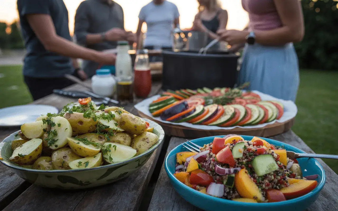 Un d&eacute;licieux brunch barbecue en plein air. Des pommes de terre nouvelles, une salade color&eacute;e et des l&eacute;gumes grill&eacute;s sur une table en bois.