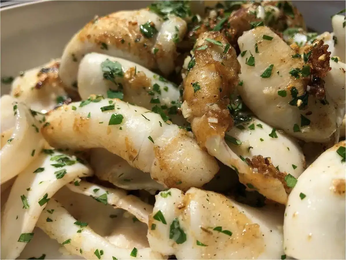 Délicieuse seiche à la plancha, parsemée de persil frais et d'ail croustillant. Un plat simple et savoureux.