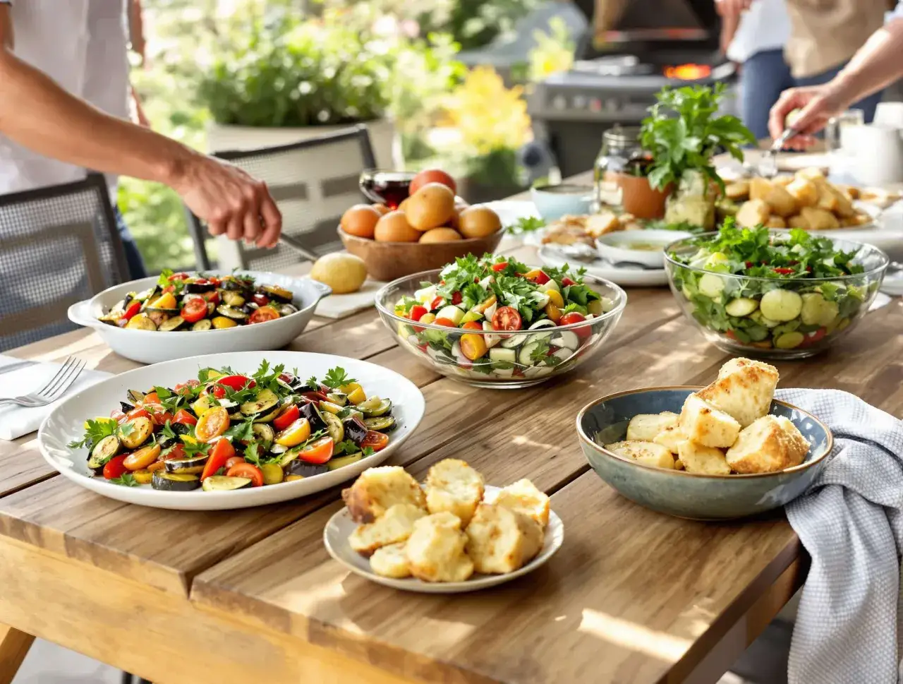 Un repas estival avec des salades colorées, des pommes de terre rôties et du pain grillé, parfait pour un coulommier au barbecue.