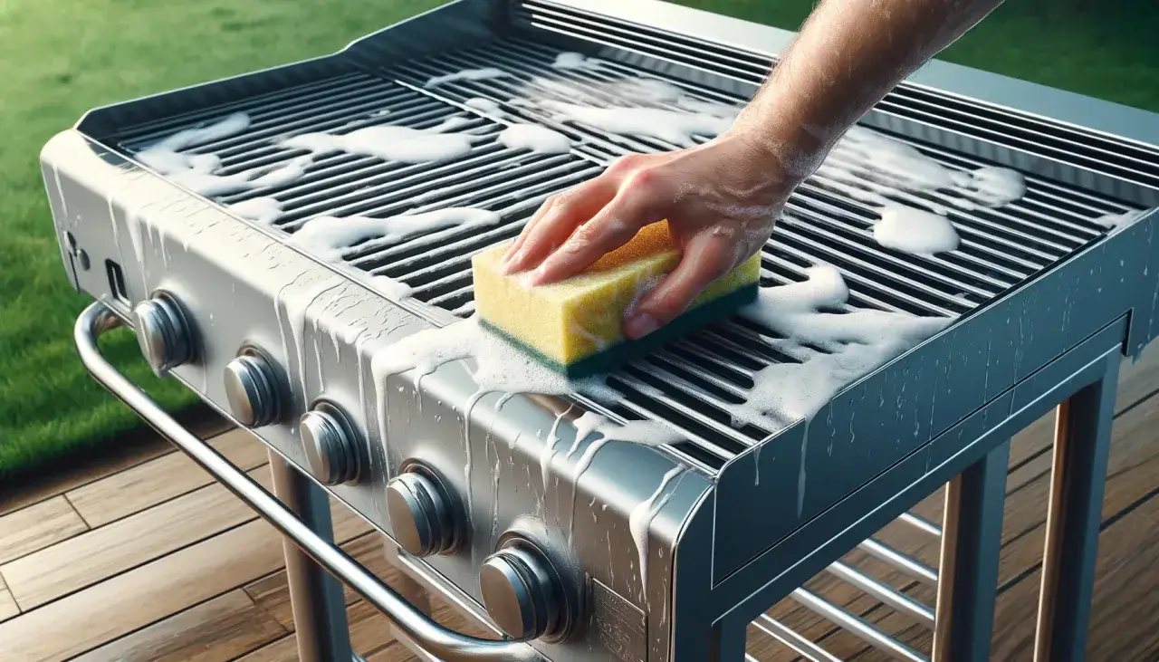 Main d'homme nettoyant la plaque du barbecue avec une éponge savonneuse.