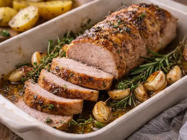 Filet mignon de porc rôti, tranché et servi avec des gousses d'ail confites et des herbes. Une recette parfaite pour un repas savoureux.