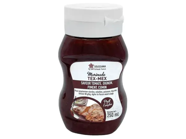 Bouteille de marinade Tex-Mex Soussana, saveur tomate, oignon, piment et cumin. Idéale pour assaisonner viandes, volailles, poissons et légumes.