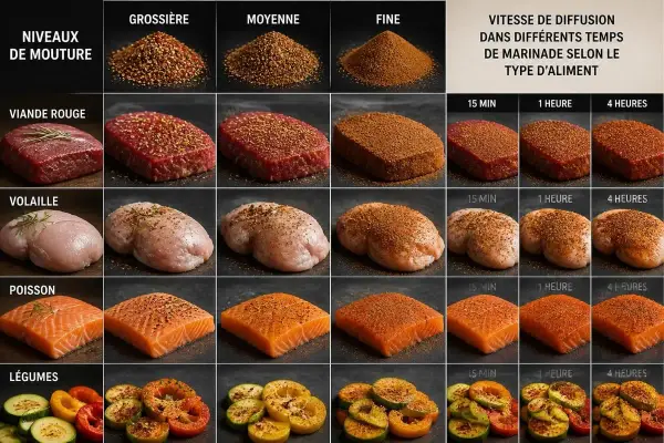 Différents aliments (viande, volaille, poisson, légumes) marinés avec un mélange 4 épices de mouture fine, moyenne ou grossière, montrant la diffusion de la marinade.