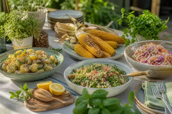 Salade de pommes de terre, taboulé, salade de chou et épis de maïs grillés, un accompagnement barbecue parfait pour un repas ensoleillé.